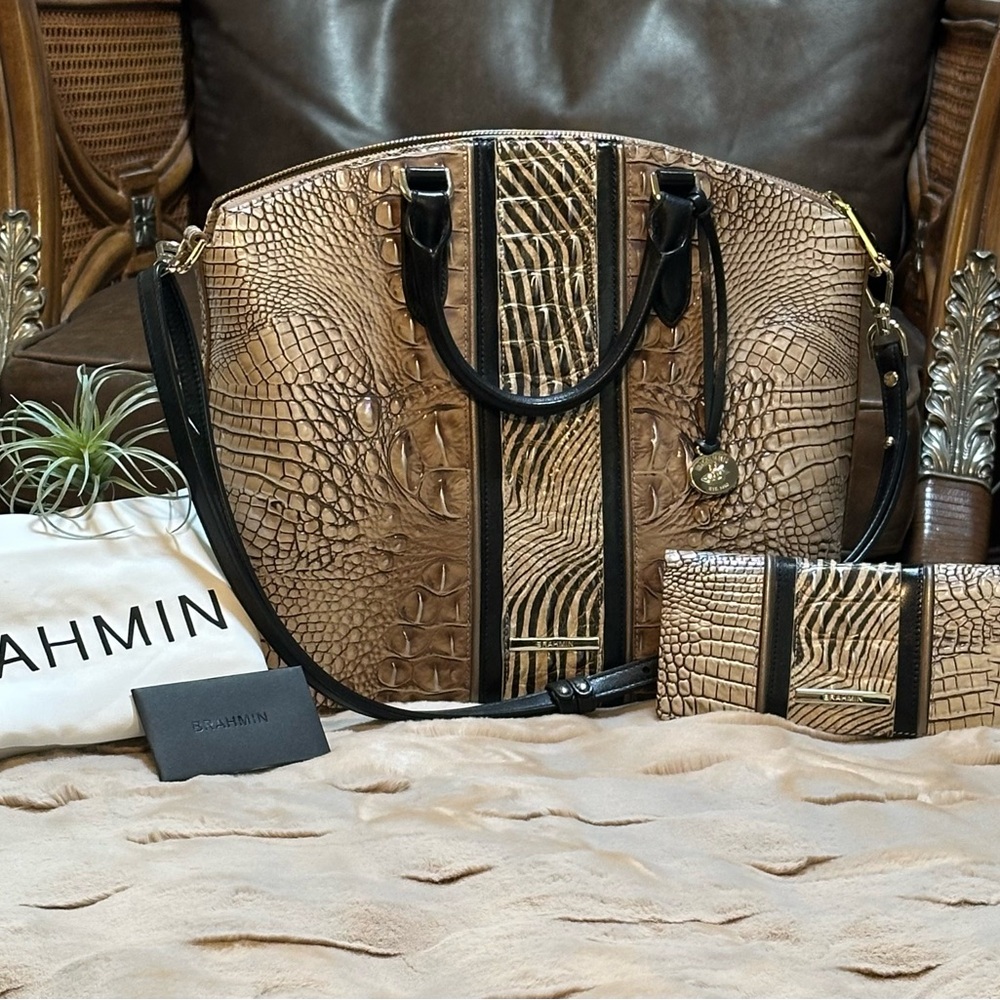 Brahmin Satchel in Brown and Black with Exotic Texture

And matching Ady wallet